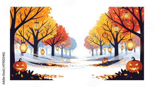 Autumn's Halloween Landscape: An enchanting autumnal scene unfolds, with vibrant trees and festive jack-o'-lanterns casting a magical glow, evoking the spirit of Halloween.