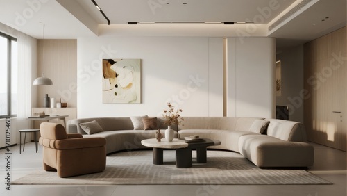 Modern minimalist living room with curved sectional sofa, abstract artwork, and natural light
