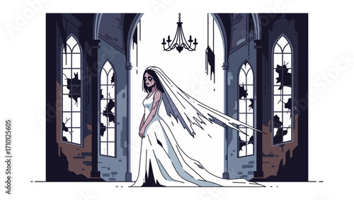 Melancholy in Ruins: A solitary bride stands draped in a tattered wedding gown amidst the crumbling grandeur of an old building, her figure a poignant silhouette against the backdrop of decay. 