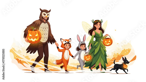 Halloween Costume Parade: A whimsical illustration captures a family's festive spirit as they joyfully parade in enchanting Halloween costumes, showcasing the magic and imagination of the holiday.