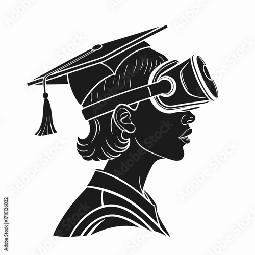 A graduate wearing a mortarboard cap and virtual reality headset, symbolizing the future of digital education and immersive online learning
