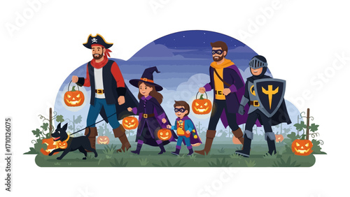 Halloween Night: A family dressed in Halloween costumes, illuminated by glowing pumpkin lanterns, embarks on a magical nighttime trick-or-treating adventure under a starry sky.