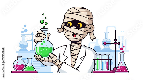 Mummy Scientist's Chemical Reaction: A mummy-clad scientist, immersed in a laboratory environment, examines a glowing vial, depicting the intriguing realm of science and experimentation.