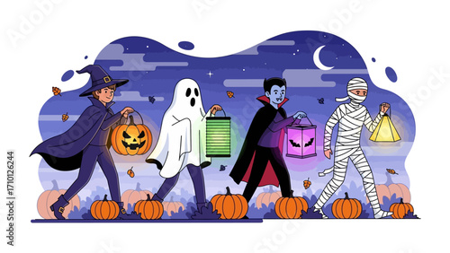 Halloween Parade: A spooky Halloween parade with charming illustrations of festive costumed figures holding illuminated lanterns, beneath a moonlit sky, creating an atmosphere of fun and mystery. 