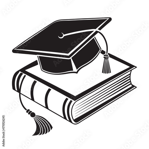 Black silhouette vector icon representing academic success with a graduation cap on a book, symbolizing knowledge, learning, and educational achievement
