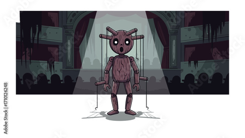 Puppet Stage Performer: A haunting puppet stands center stage in a dimly lit theater, illuminated by a single spotlight, ropes dangling, expressing a silent story of mystery and control. 