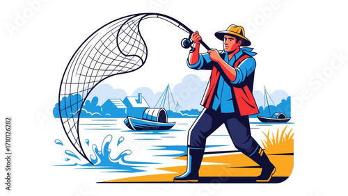 Angler's Art: An illustrated fisherman skillfully casts a net in a tranquil aquatic scene, with boats, evoking a sense of nature and angling tranquility. 