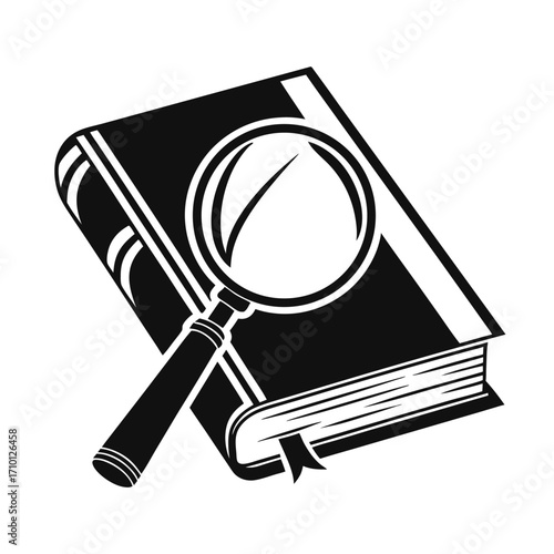 Black and white vector icon of a magnifying glass on a thick book, symbolizing research, education, learning, analysis, and information seeking