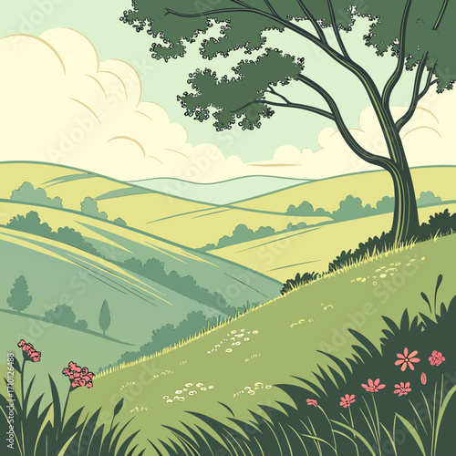 Idyllic pastoral landscape with rolling green hills and a summer tree