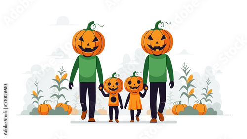 Pumpkin Family Stroll: A vibrant family embraces the spirit of Halloween, their pumpkin-headed figures strolling happily amidst autumn foliage and harvest elements. The illustration radiates warmth.