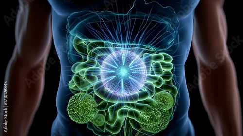 Gut Healthy concept ,Glowing gut microbiome visualization of intestine bacteria and probiotic gut flora balancing digestion