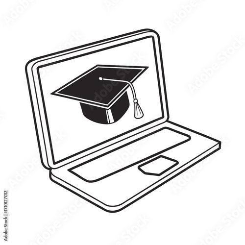Digital graduation cap on laptop screen symbolizing online education, e-learning, and academic achievement with a touch of modern technology