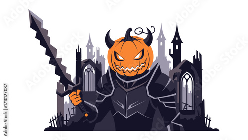 Sinister Pumpkin Warrior: A fearsome Halloween guardian, embodied as a carved pumpkin head atop an armored figure.