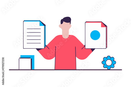 Person holding documents with data and text isolated on transparent background isolated on white background
