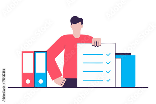 Man with checklist and binders isolated on transparent background isolated on white background