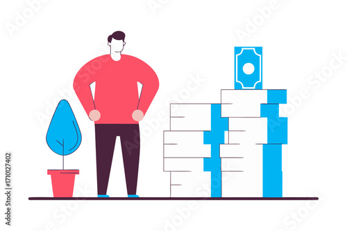 Man standing next to a large stack of money and a potted plant isolated on transparent background isolated on white background