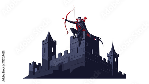 Vampire Archer Overlooking Castle: A menacing vampire archer, perched atop a formidable castle, draws back a blood-red bow, embodying darkness and impending danger.