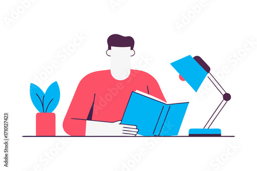 Person reading a book under a desk lamp with a plant nearby isolated on transparent background isolated on white background
