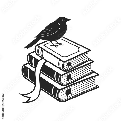 An intelligent crow sits on a tower of literature, a timeless emblem for publishers, libraries, and online education platforms
