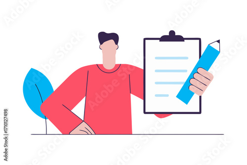 Man holding a clipboard with a pencil and a blue leaf isolated on transparent background isolated on white background