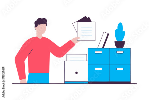 Man holding documents near a filing cabinet and printer isolated on transparent background isolated on white background
