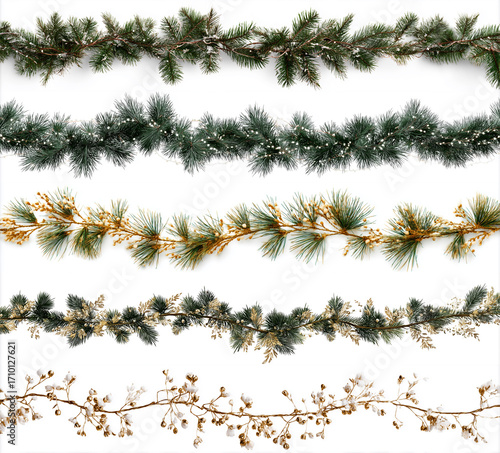 Set of Christmas festive garland with green pine branche isolated on a white background. Fir green branches are decorated. Christmas decor. AI generation
