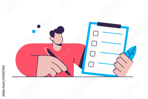 Stylized person with red shirt writing on a checklist clipboard isolated on transparent background isolated on white background