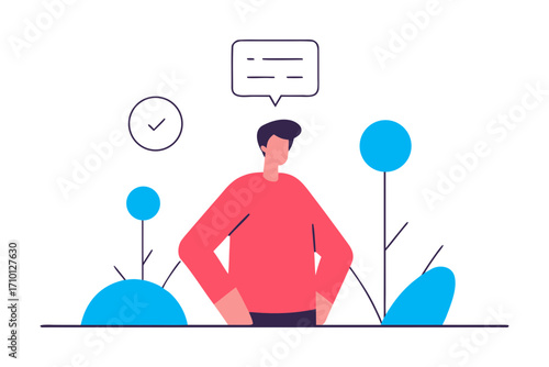 Man with speech bubble and checkmark icon contemplating ideas isolated on transparent background isolated on white background