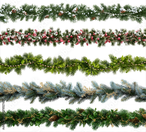 Set of Christmas festive garland with green pine branche isolated on a white background. Fir green branches are decorated. Christmas decor. AI generation