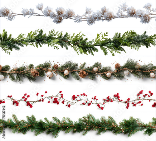 Set of Christmas festive garland with branche isolated on a white background. Fir green branches are decorated. Christmas decor. AI generation