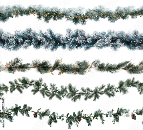 Set of Christmas festive garland with green pine branche isolated on a white background. Fir green branches are decorated. Christmas decor. AI generation