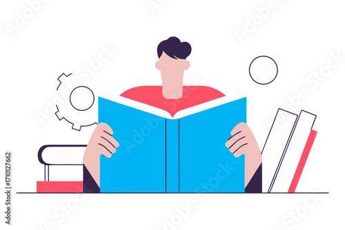 Person reading an open blue book with stacks of books and abstract elements isolated on transparent background isolated on white background