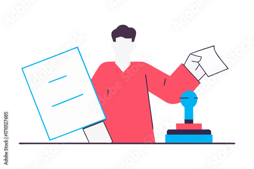 Man holding document and stamp for approval isolated on transparent background isolated on white background