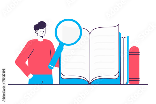 Man with magnifying glass examining open book and stacked books isolated on transparent background isolated on white background