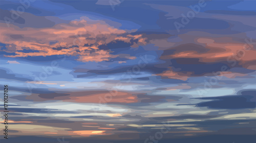 Dramatic sky filled with colorful clouds at sunset or sunrise twilight.