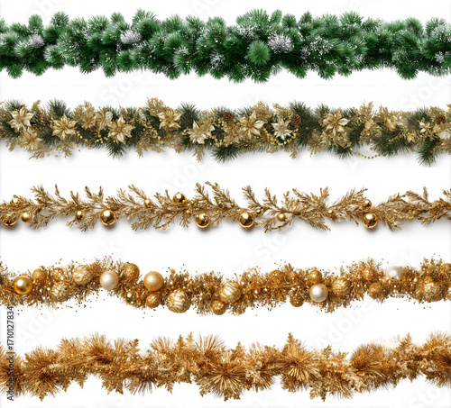 Set of Christmas festive garland with gold branche isolated on a white background. Fir green branches are decorated. Christmas decor. AI generation