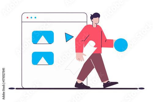 Man with blueprint and blue sphere walking past a digital interface with video thumbnails isolated on transparent background isolated on white background