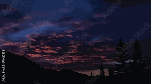 Dramatic sunset sky over silhouetted mountains and trees clouds.