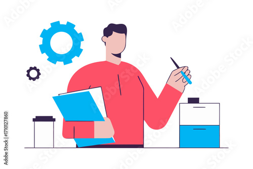 Man in red shirt holding documents and pen with gears and filing cabinet isolated on transparent background isolated on white background