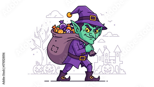 Halloween Goblin with Treat: A whimsical goblin clad in a purple ensemble, joyfully carries a sack overflowing with sweets, against a backdrop of spooky haunted house and carved pumpkins.