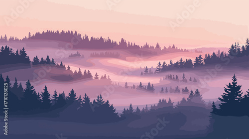 Forested Hills in Fog with Soft Pink and Purple Hues mist landscape.