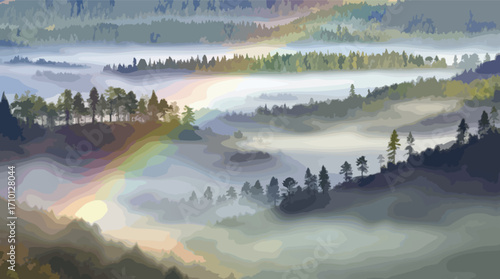 Foggy Mountain Valley with Rainbow Light Streaks at Sunrise.