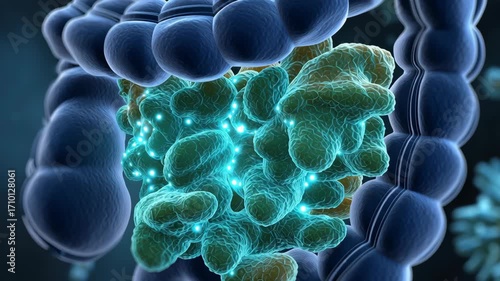 Gut Healthy concept ,glowing gut bacteria microbiome cluster inside colon lumen mucosa teal light showing probiotic gut health