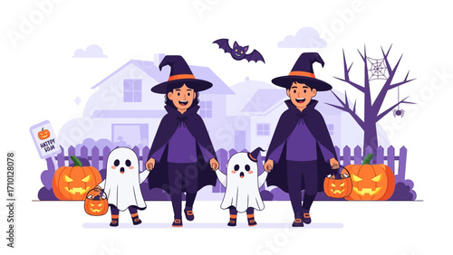 Halloween Celebration: Cute kids in witch costumes are trick-or-treating and celebrate in the festive holiday mood, carrying pumpkin baskets and enjoying the magical Halloween.
