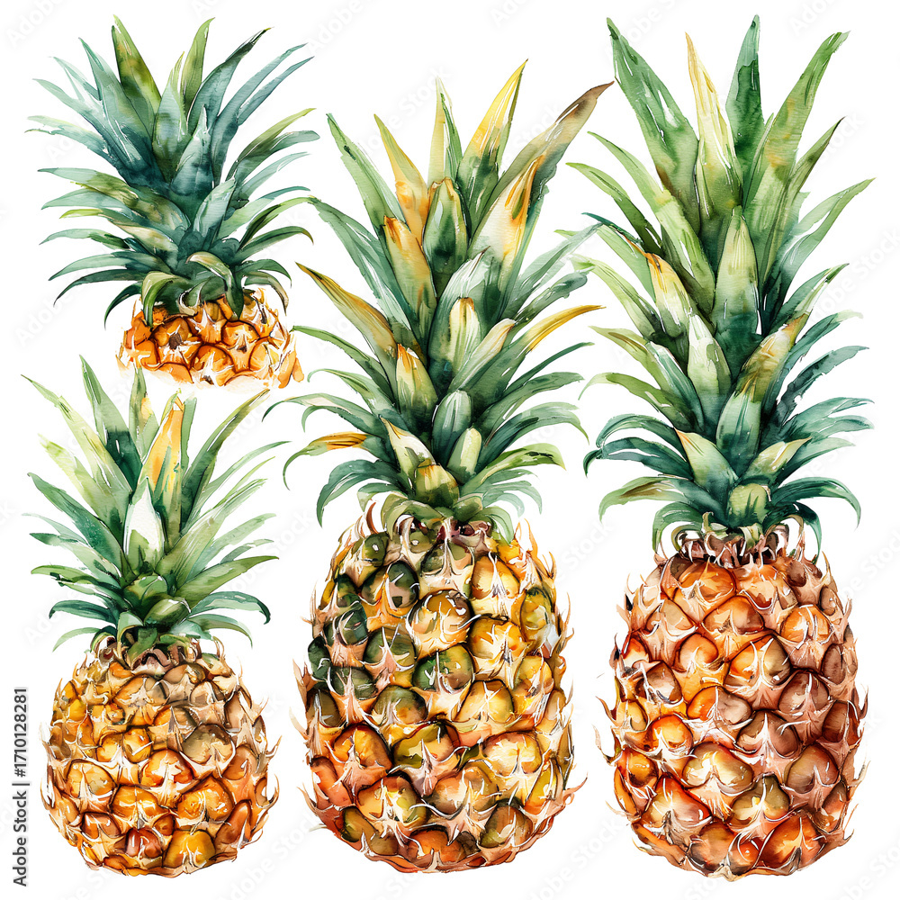 Obraz premium a watercolor painting depicts four ripe pineapples with vibrant green leaves and textured brown surfaces against a white background.