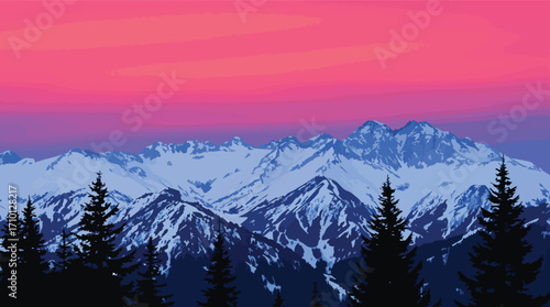 Majestic snow-capped mountains under a vibrant pink and purple sunset sky with silhouetted pine trees in the foreground.