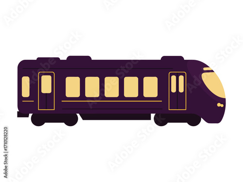 A modern purple passenger train with illuminated windows, depicted in a flat vector illustration style against a white background.