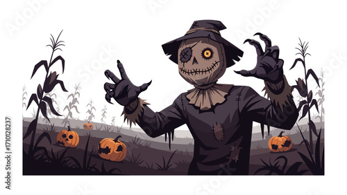 Halloween Scarecrow in Spooky Field: A haunting scarecrow with a menacing visage stands in a shadowy cornfield, creating a chilling autumn scene perfect for Halloween.