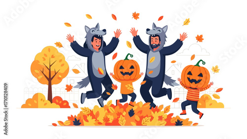 Autumn Joy: Two adults and two kids dressed in Halloween costumes jump in a pile of leaves, in the vibrant and colorful atmosphere of autumn, evoking happiness and joy.