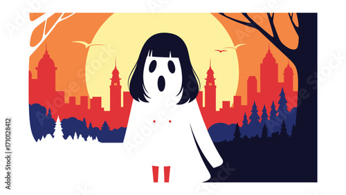 City Silhouette and Ghost Silhouette: A haunting image features a ghostly silhouette figure in front of the backdrop of a city at twilight.